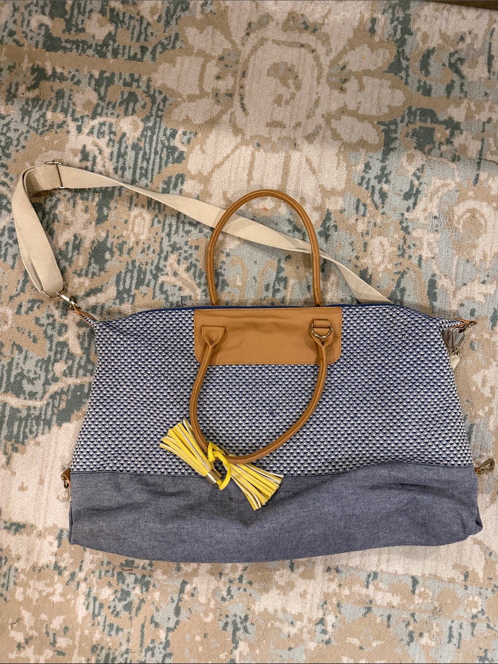 Merona Blue and Tan Canvas Weekender with Yellow Tassel